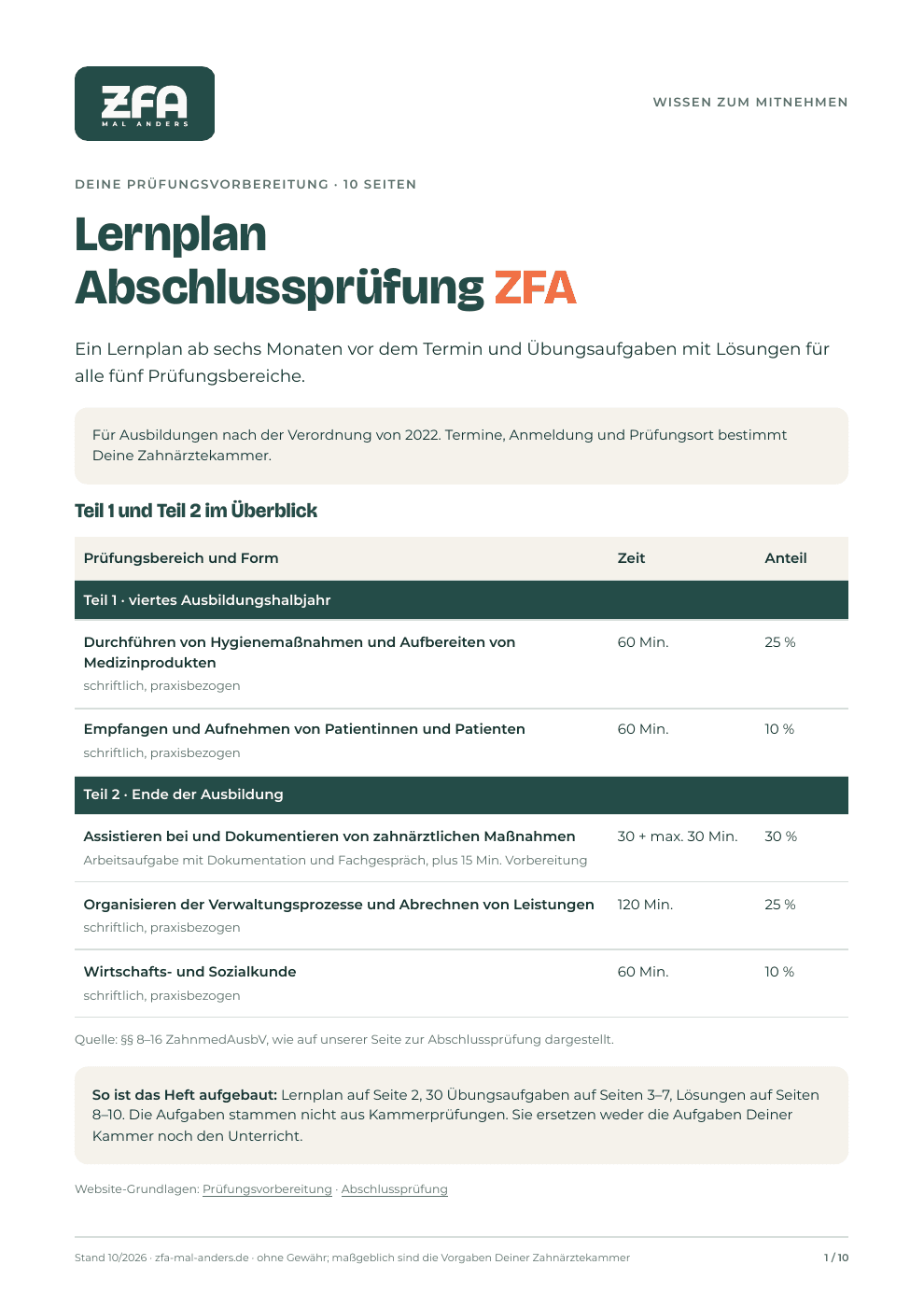 Erste Seite des Lernplans mit Übersicht der fünf Prüfungsbereiche