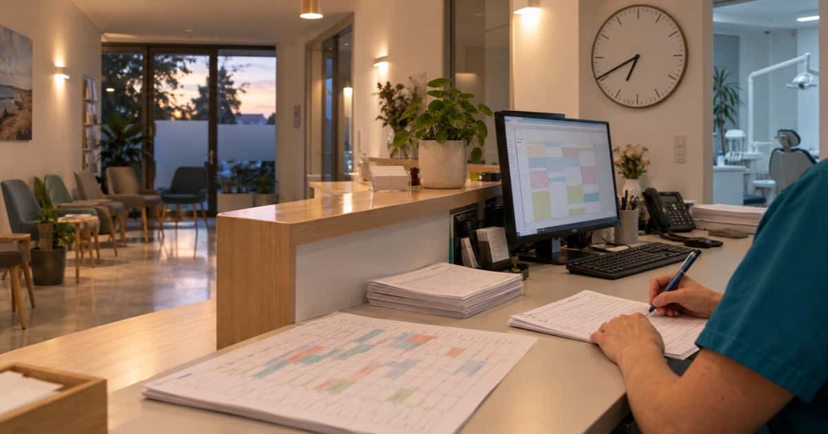 Hand einer ZFA im Kasack trägt am Empfang der Zahnarztpraxis ihr Arbeitsende in einen Stundenzettel ein