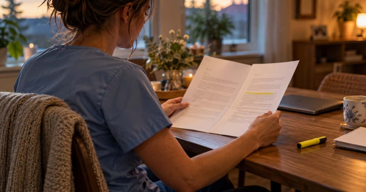ZFA im Kasack liest zu Hause am Tisch ein zweiseitiges Arbeitszeugnis, ein Satz ist gelb markiert