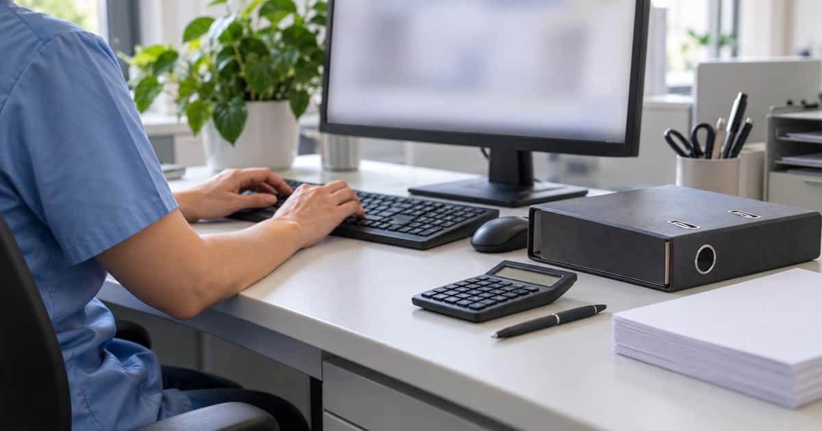 ZFA arbeitet am Verwaltungsplatz der Zahnarztpraxis mit Tastatur, Taschenrechner und Ordner