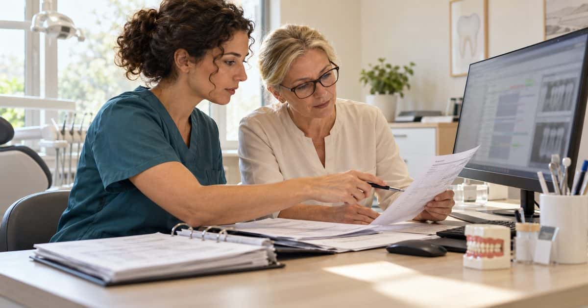 Zwei Praxismitarbeiterinnen vergleichen Behandlungsunterlagen am Bildschirm neben einem Zahnmodell
