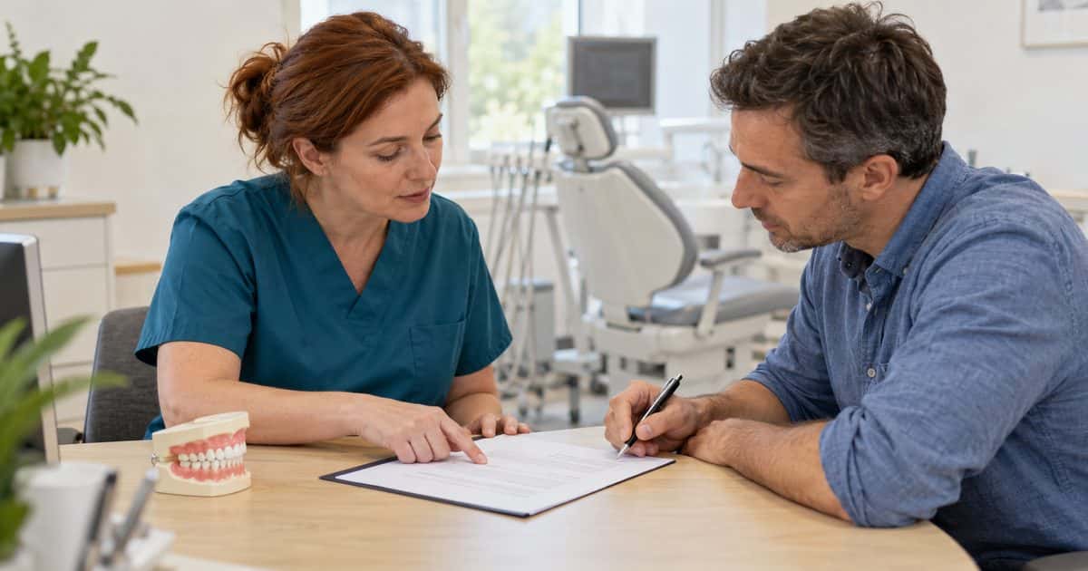 ZFA erklärt einem Patienten die vorbereiteten Unterlagen am Beratungstisch einer Zahnarztpraxis