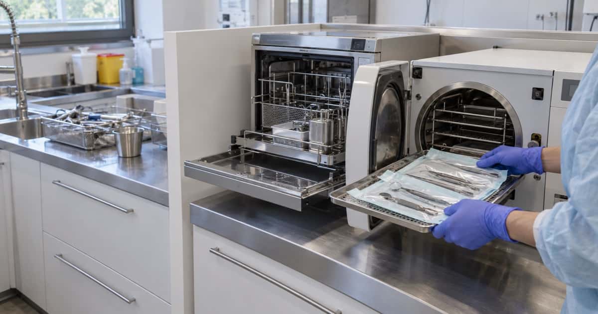 Behandschuhte Hände legen verpackte Instrumente in einen Dampfsterilisator im Aufbereitungsraum