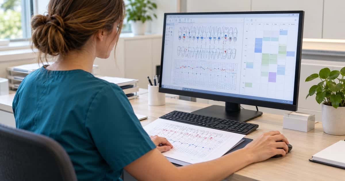ZFA gleicht parodontale Befundunterlagen mit der Darstellung am Computer an einem Verwaltungsplatz ab
