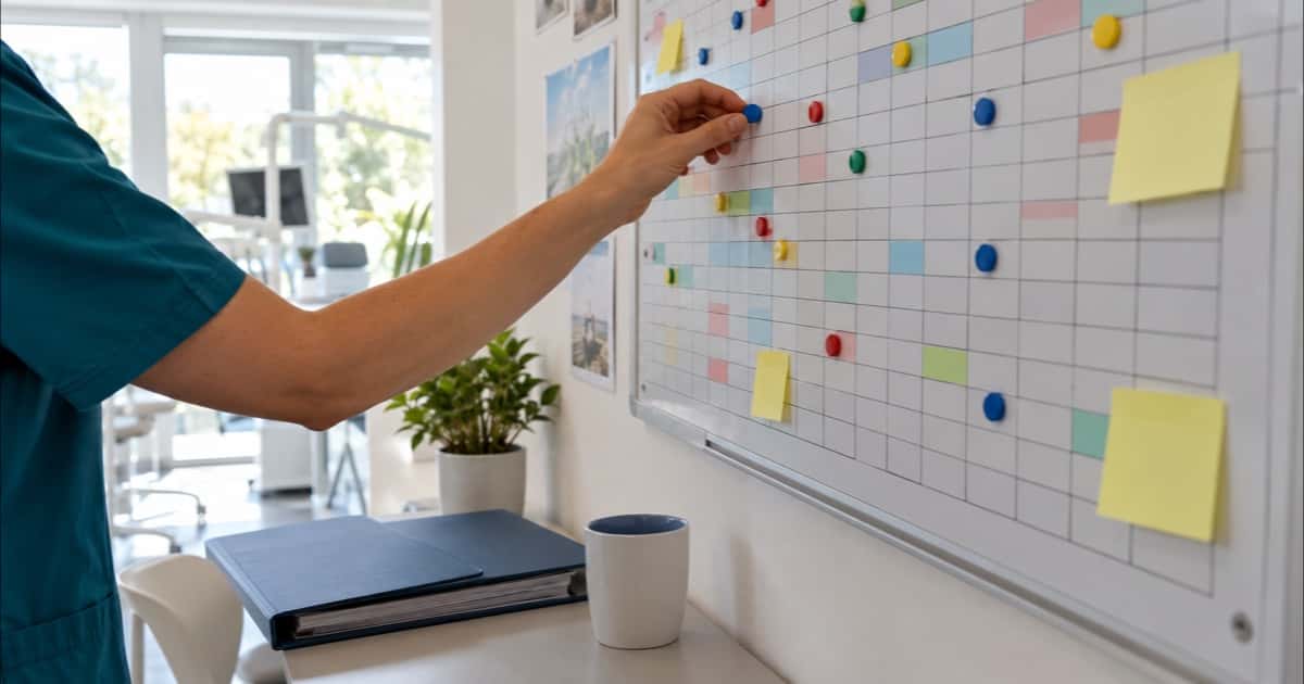Hand einer ZFA im Kasack setzt im Pausenraum der Praxis einen Magneten auf den Urlaubsplaner an der Wand