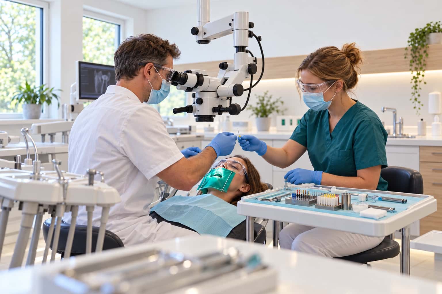 ZFA reicht bei einer Wurzelkanalbehandlung unter Kofferdam eine Feile an; beide Behandelnden tragen Schutzbrille, Maske und Handschuhe, die Patientin eine Schutzbrille