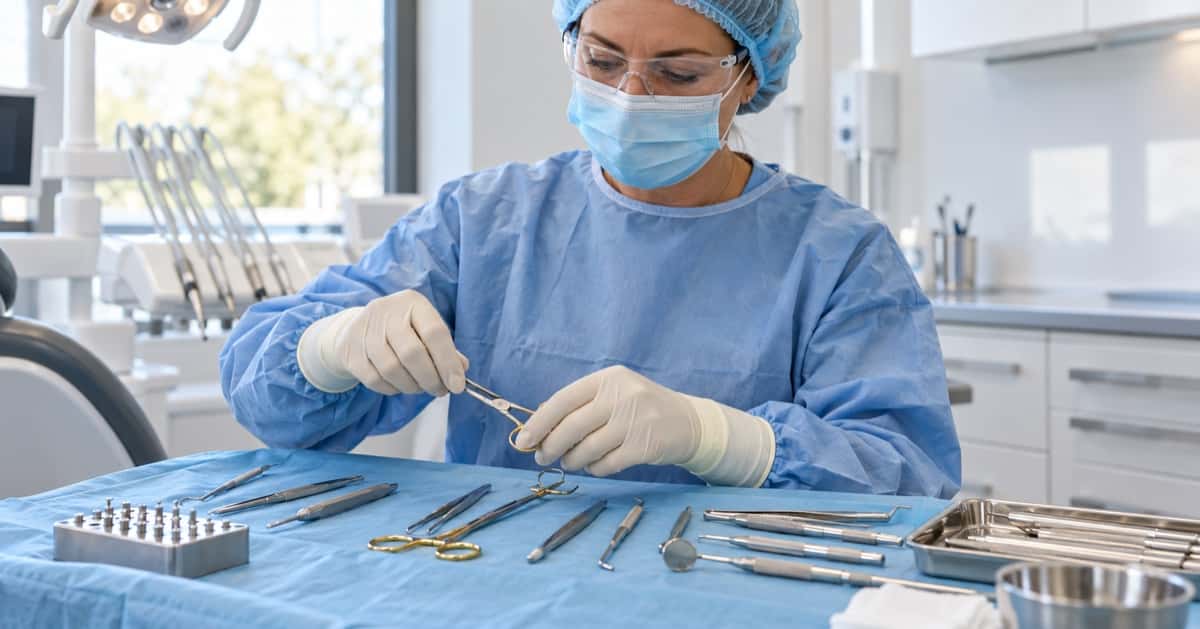 ZFA mit sterilen Handschuhen, OP-Kittel, Mundschutz und Haube am sterilen Instrumententisch
