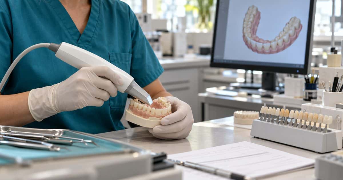 ZFA übt einen Intraoralscan am Zahnmodell neben Bildschirm und Zahnfarbschlüssel