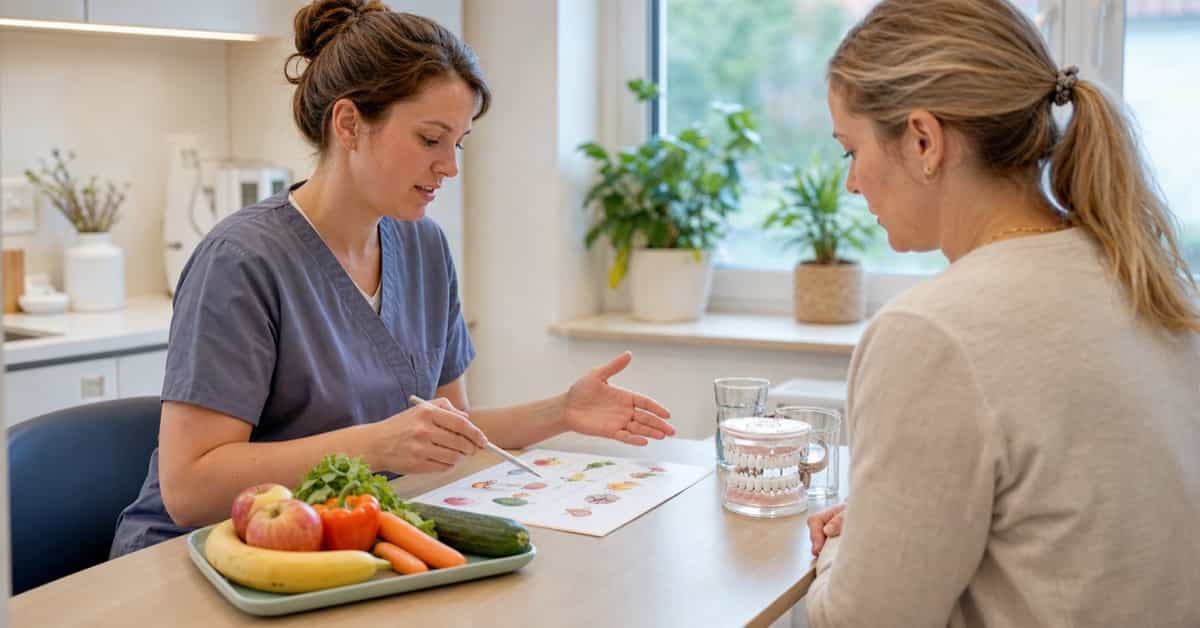 Zahnmedizinische Ernährungsberatung – ZFA berät eine Patientin zu zahngesunder Ernährung