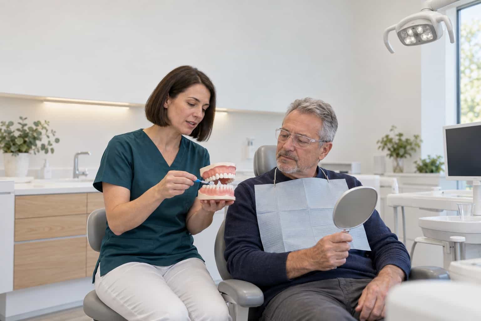 ZFA zeigt einem Patienten am Zahnmodell die Reinigung mit einer Interdentalbürste